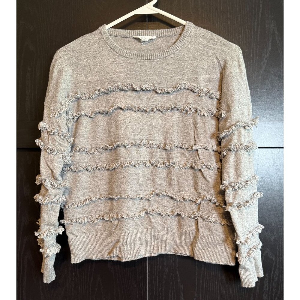 THML Women's Pullover Fringe Gray Long Sleeve Sweater Medium Crew Neck Cozy